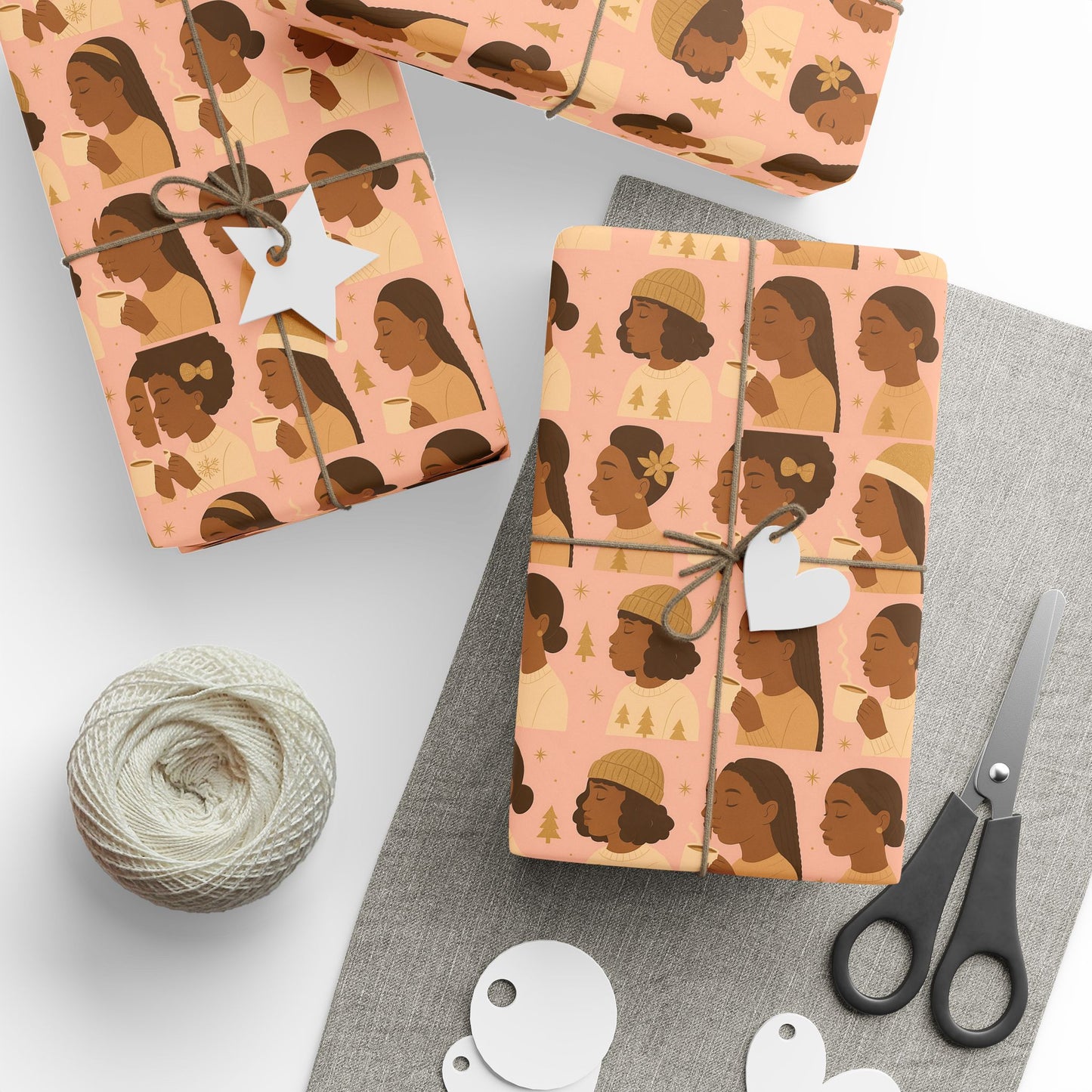 Christmas Wrapping Papers - Sisterhood, Natural Beauty, Cozy Moments - Pink and Gold Design