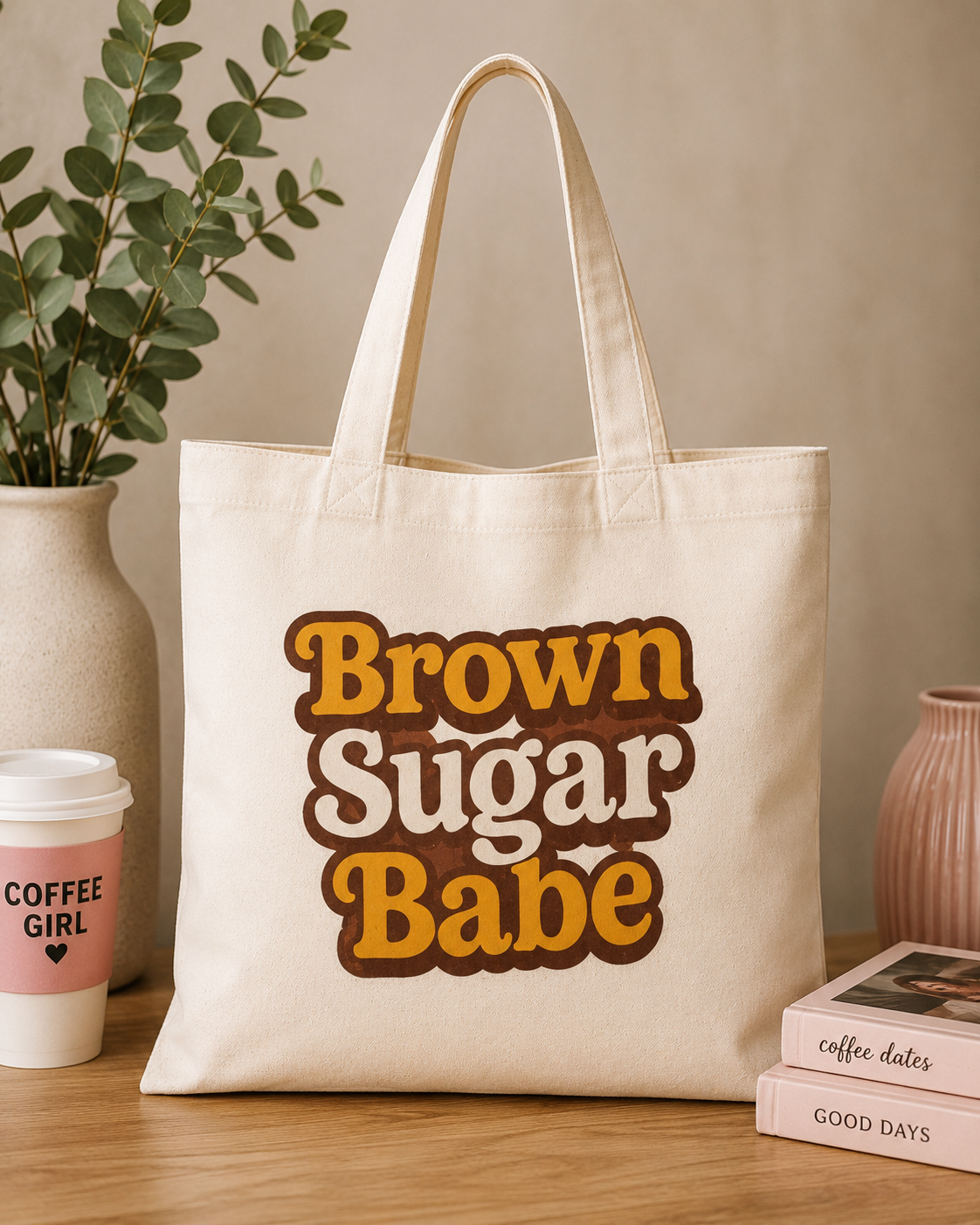 Brown Sugar Babe tote bag lifestyle mockup