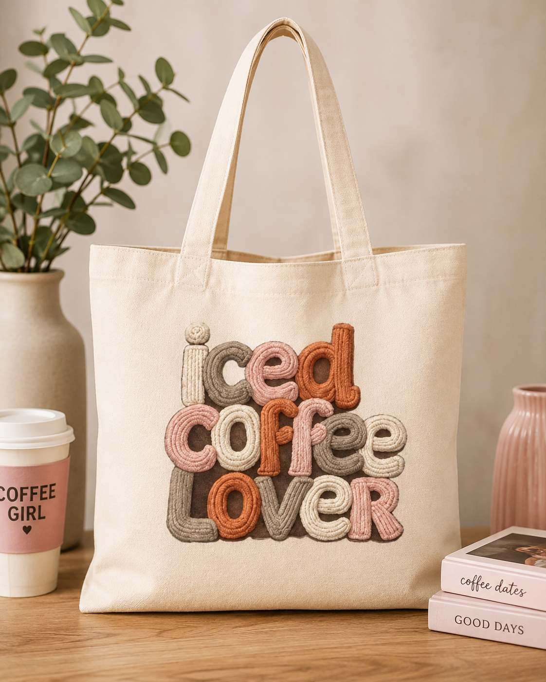 Iced Coffee Lover tote bag lifestyle mockup