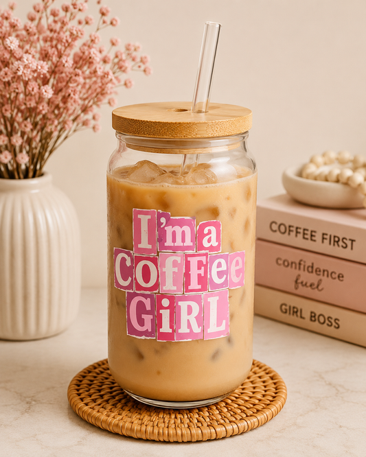 I'm a Coffee Girl pink bamboo top glass