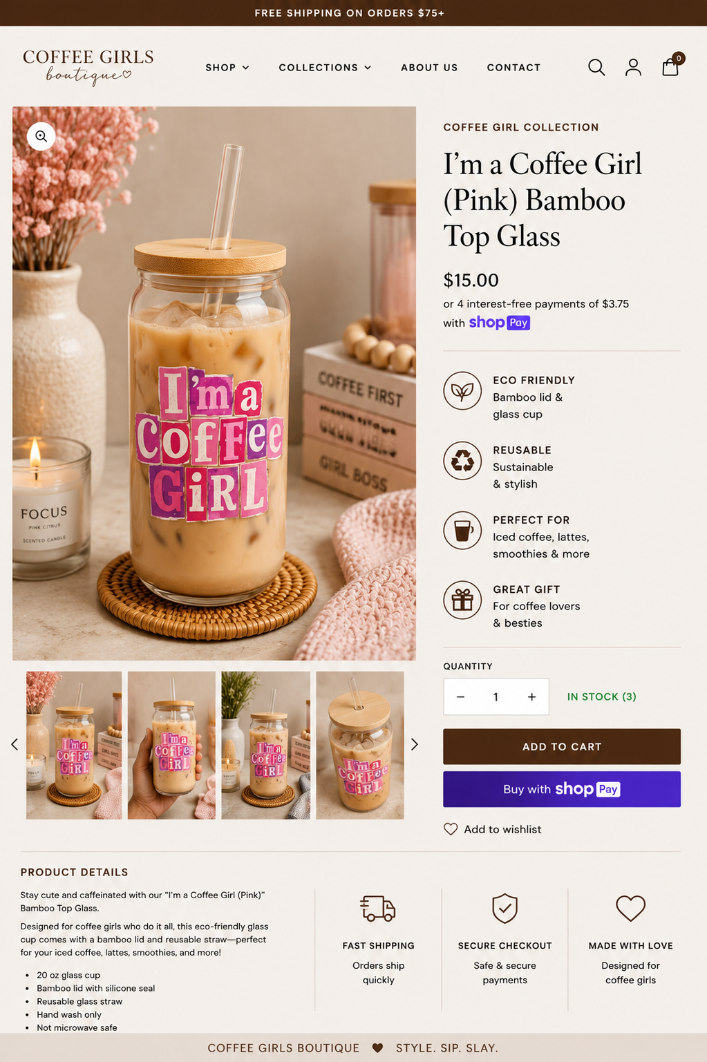 I'm a Coffee Girl pink bamboo top glass mockup